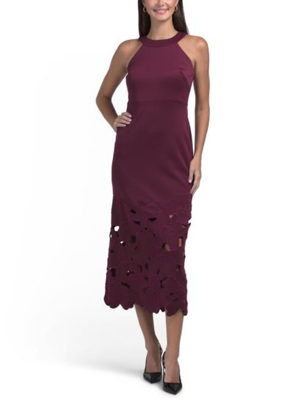 BETSY & ADAM Petite Long Lasercut Halter Dress